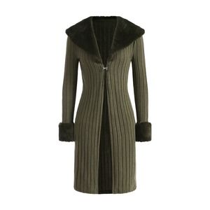 Borg Collar Fuzzy Panel Hook & Eye Front Coat-GREEN-S